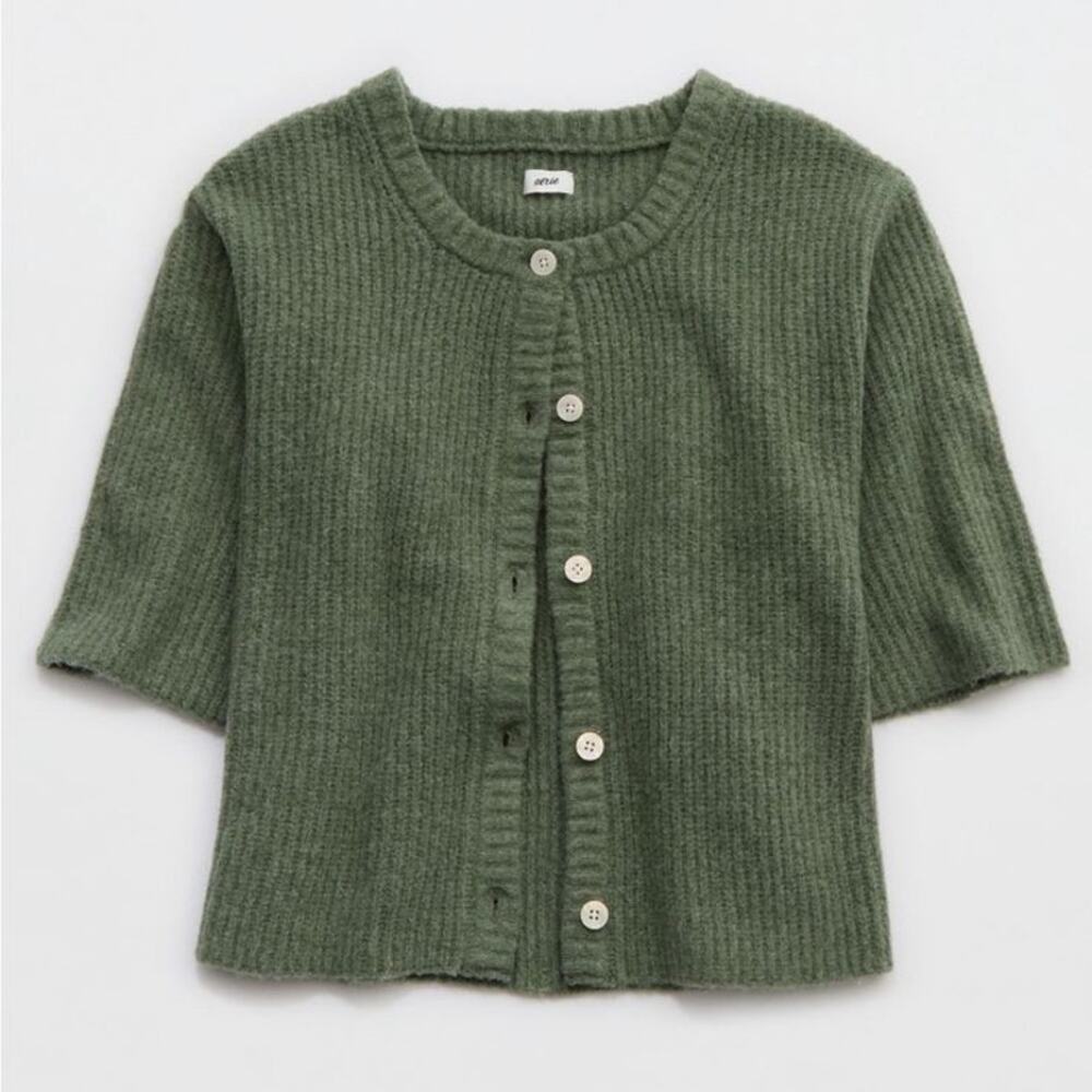 NWOT Aerie Unreal Short Sleeve Cardigan Sz XL Button Front Olive Green Relaxed - Picture 5 of 15